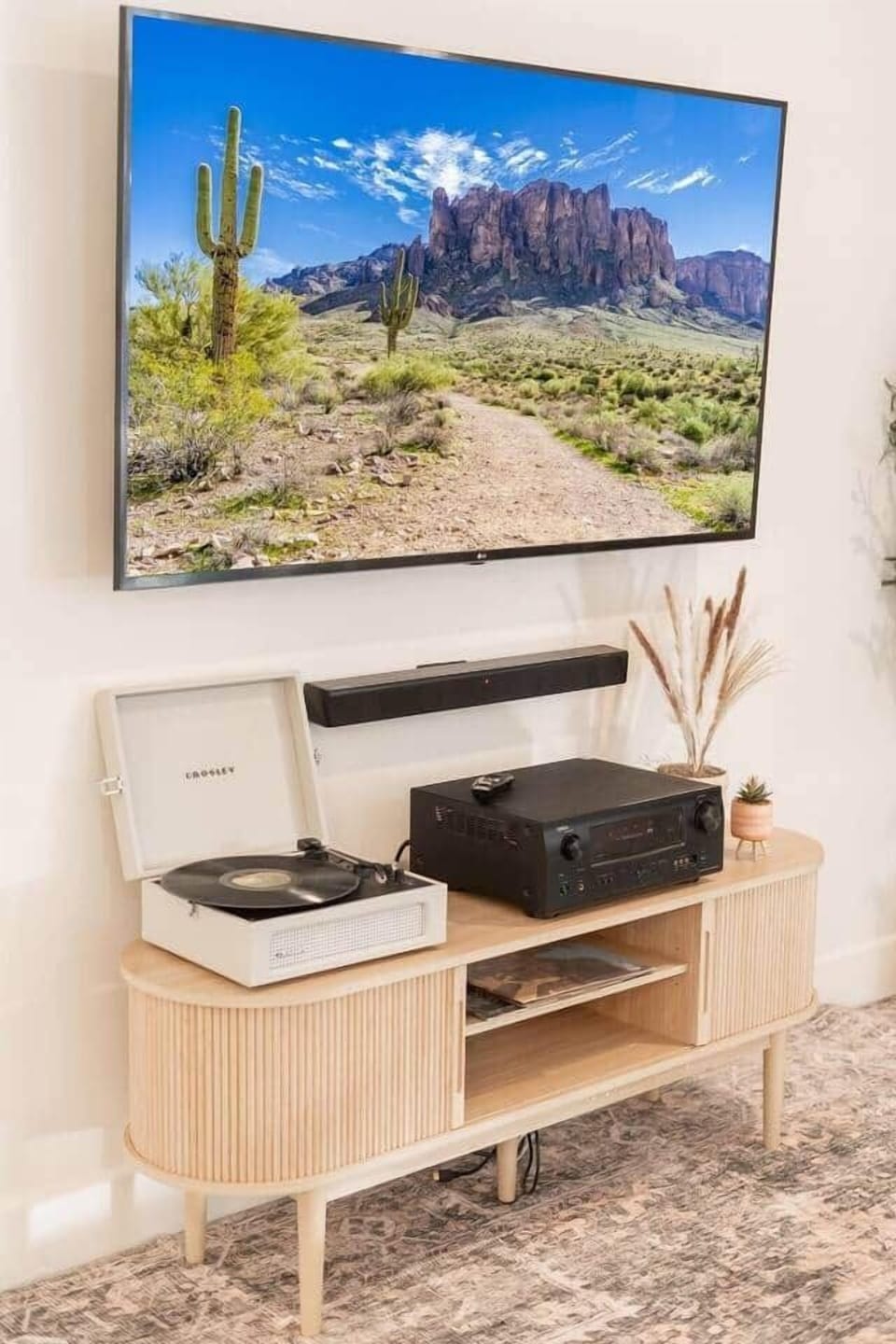 Enjoy a fun ambiance with the record player that doubles as a Bluetooth speaker—perfect for setting the mood during your stay.