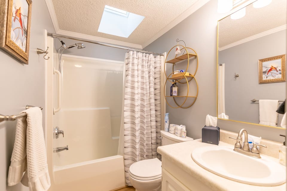 A bright, cheerful bathroom lit by a skylight, with cardinal art and a fun gold shelf adding a cozy mountain touch.