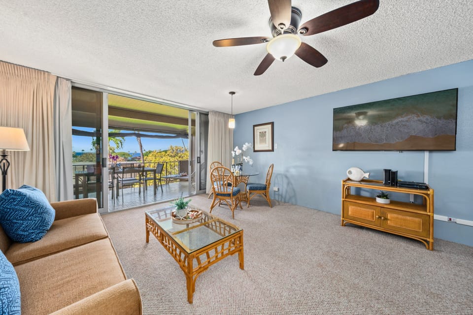 Enjoy extra comfort with a sleeper sofa and easy flow to dining and garden views