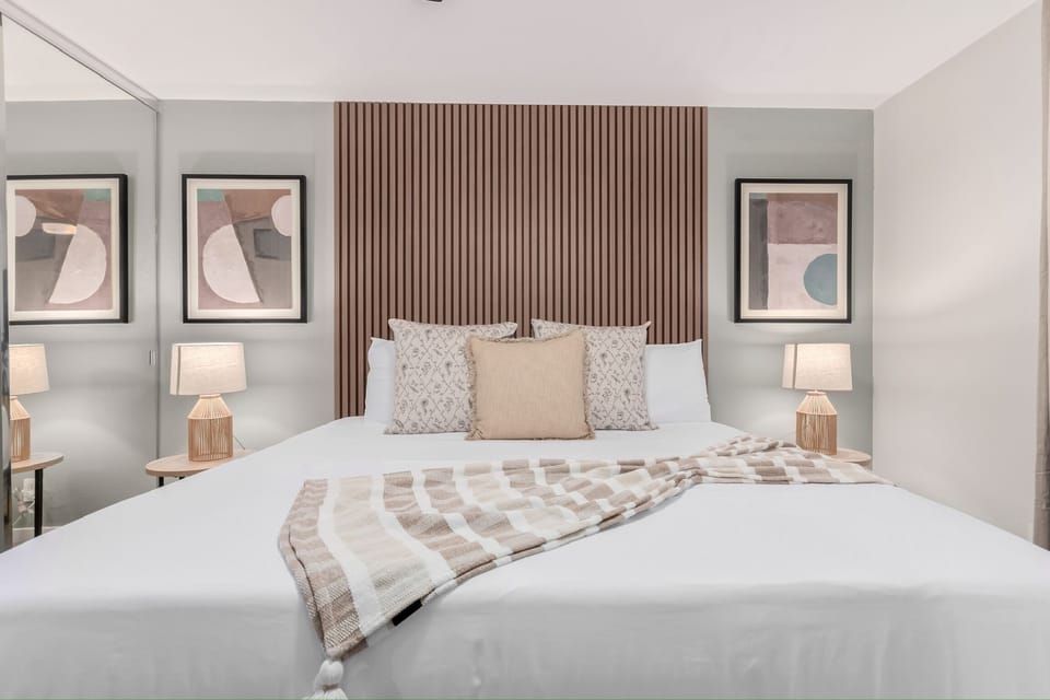 Luxurious bedrooms with high quality linens and a clean, crisp, modern decor.