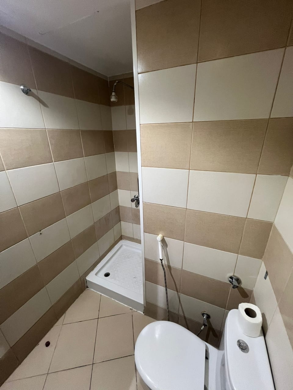 Shower, hair dryer, slippers, towels