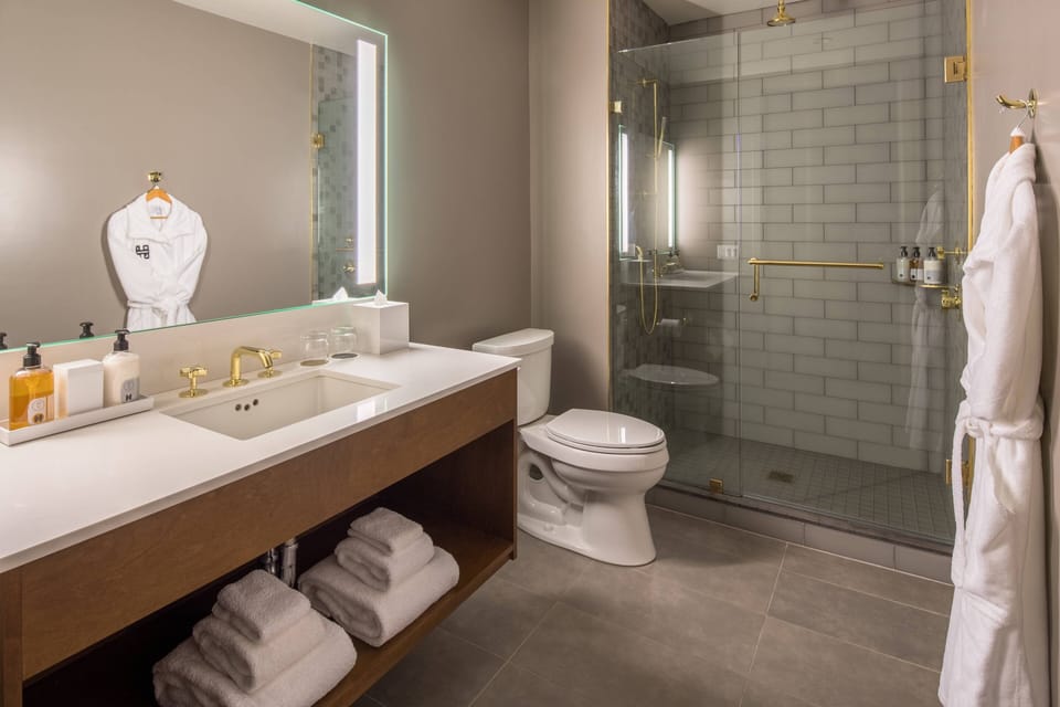 Shower, free toiletries, hair dryer, bathrobes
