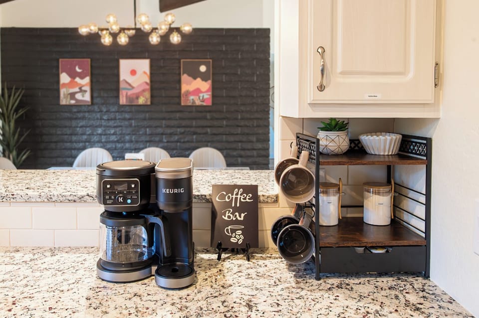 Fully stocked coffee bar with drip and Keurig—start your day in style!