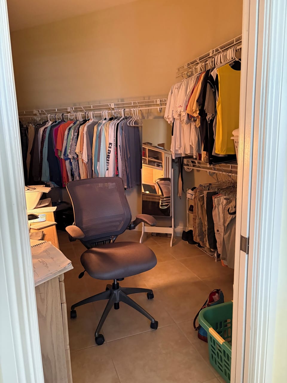 Spacious walk-in closet with organized shelves, hanging space and ample storage.