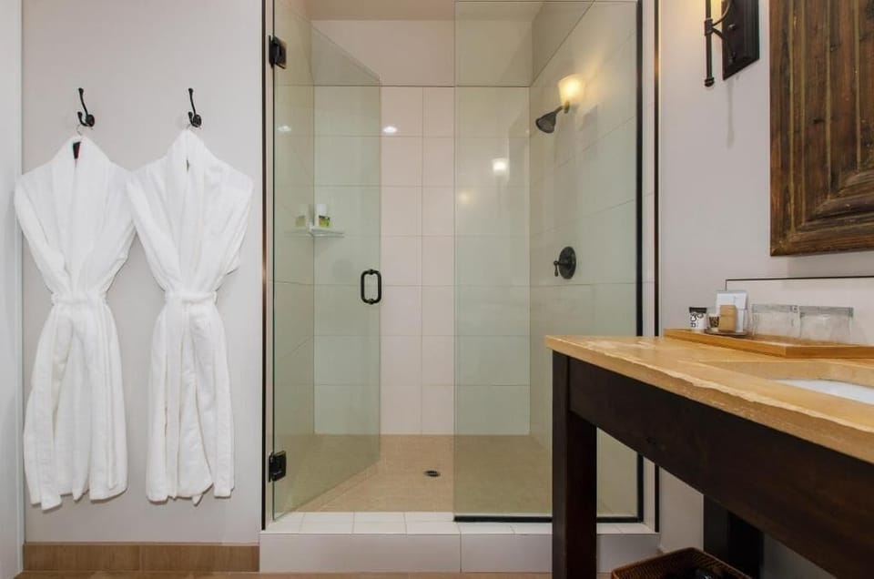 Shower, free toiletries, hair dryer, bathrobes