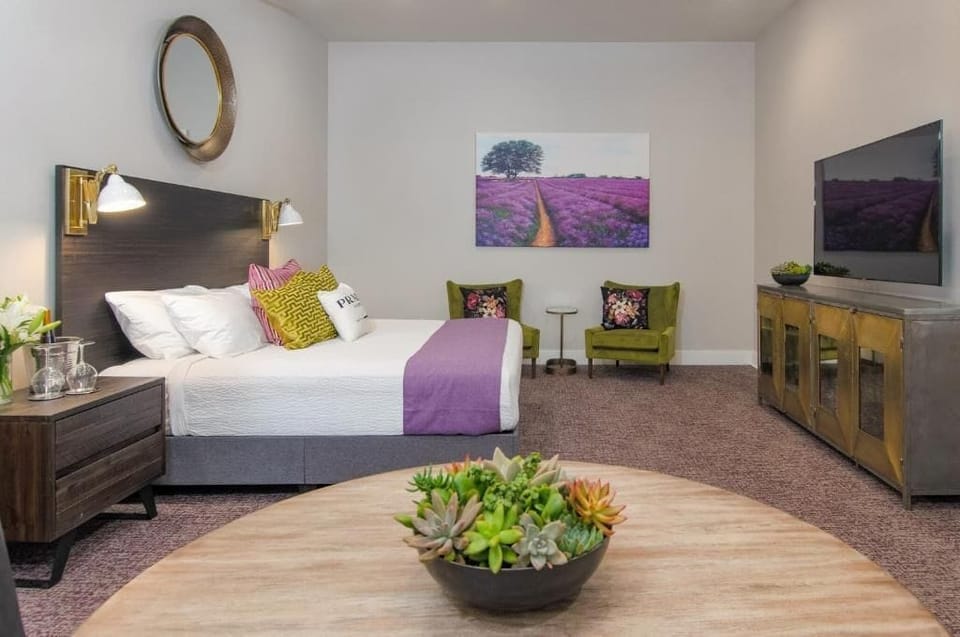 Premium bedding, desk, laptop workspace, soundproofing