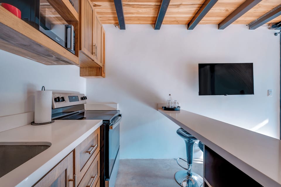 Kitchen, high bar seating for two