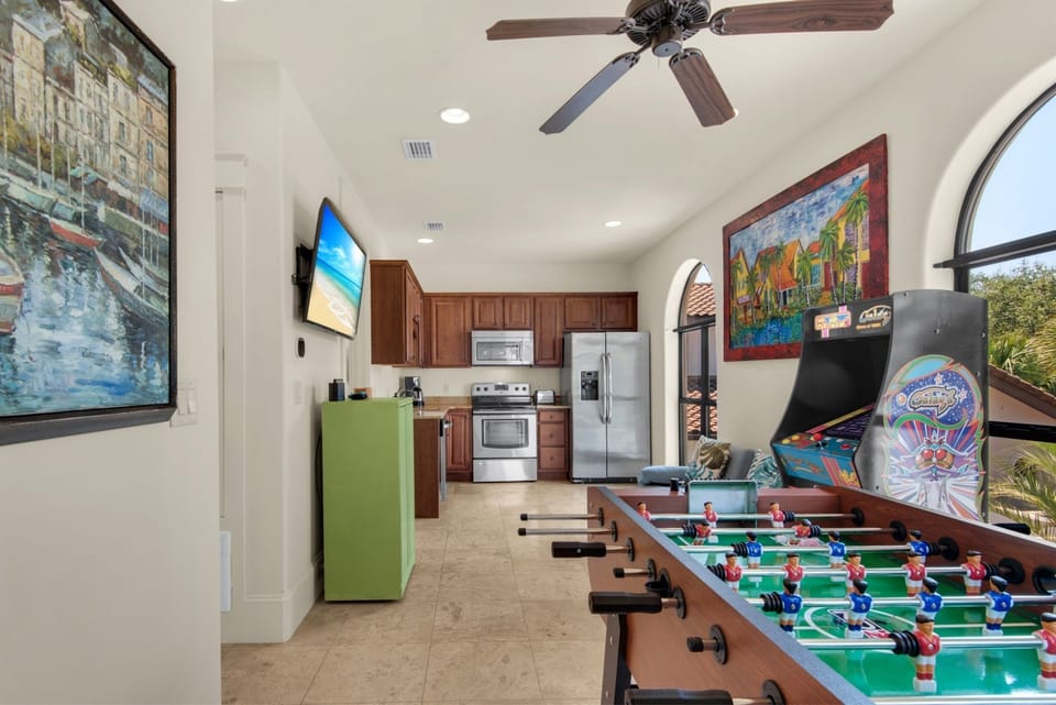 The guest house is equipped with foosball, arcade fun, Nintendo Switch and kitchenette