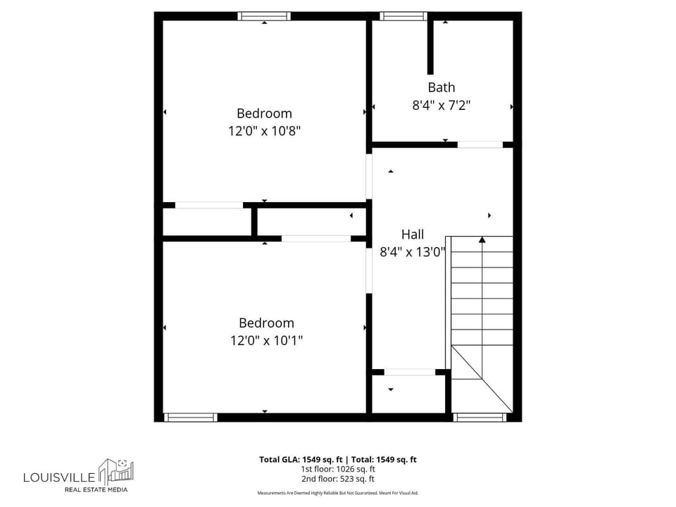 Dimensioned second-floor plan showing two bedrooms, one bath, the hall, closets, and staircase.
