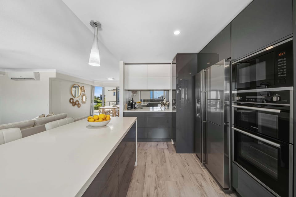 Modern kitchen designed for easy holiday meals and entertaining.