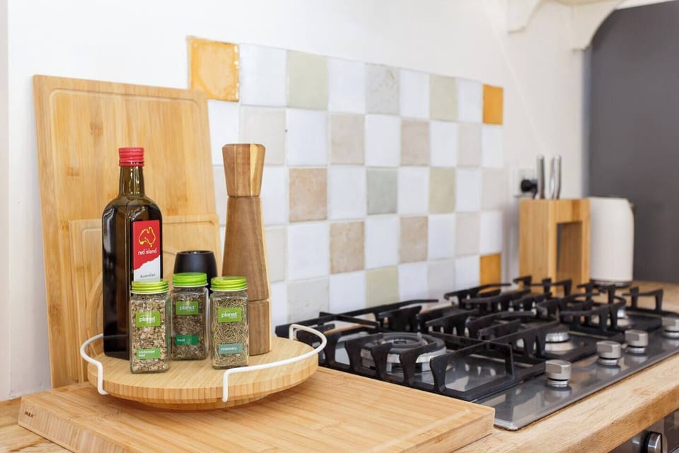 Some kitchen supplies like cooking oils, sat and pepper .