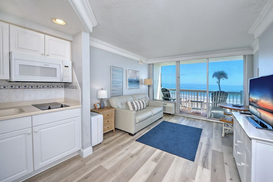 Coastal-styled living room with seating