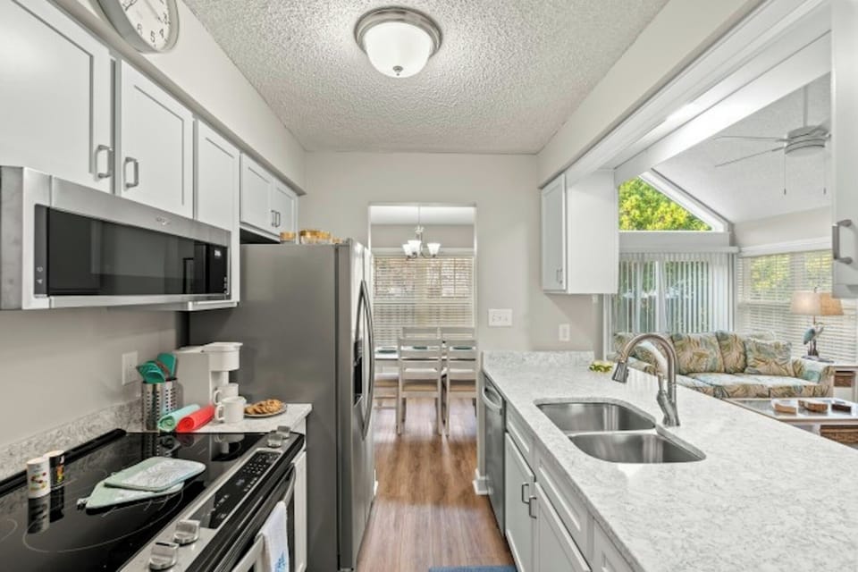 An updated kitchen makes preparing meals a breeze.
