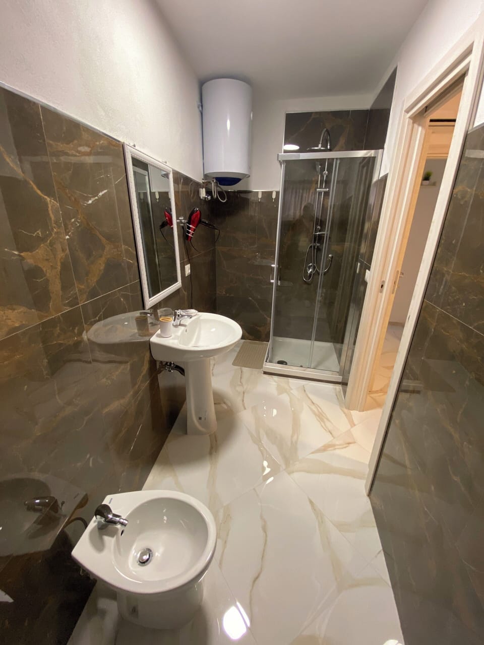 Shower, hair dryer, bidet, towels
