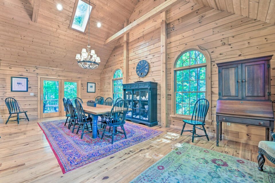 Spacious Dining Room | Seating for 8 | Stone Fireplace | Open Kitchen Access