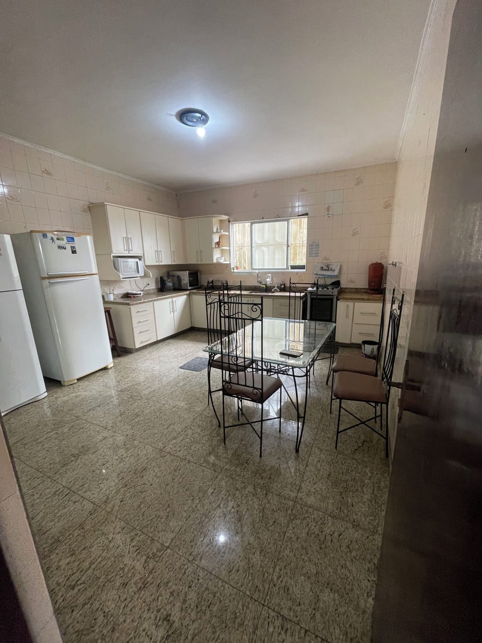 Fridge, microwave, oven, cookware/dishes/utensils
