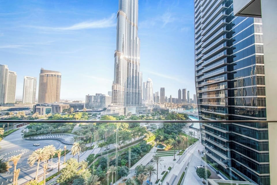 Private balcony with breathtaking Burj Khalifa and Dubai skyline views.