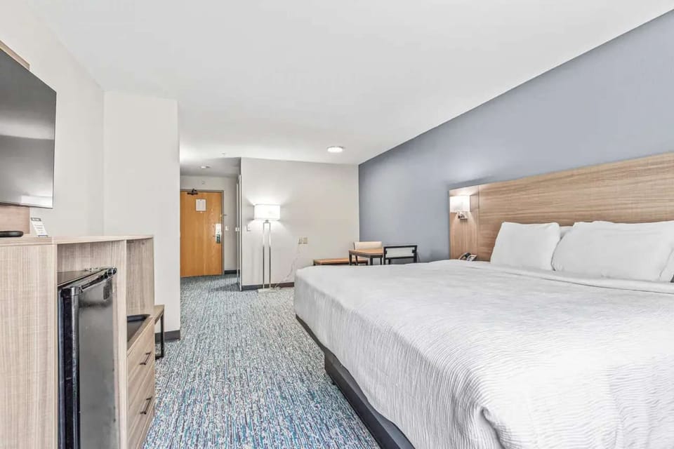 Spacious room with king bed, TV, desk, fridge, and soft lighting