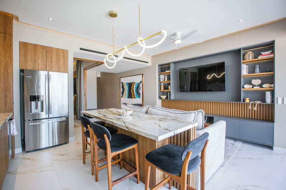 Luxury marble kitchen with ample counter space and custom cabinetry