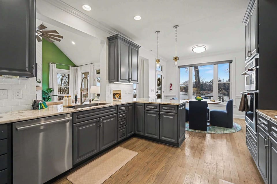 The fully equipped kitchen is designed to meet all your cooking needs and invites slow mornings with coffee or breakfast. Enjoy a cozy dining nook for four, plus additional seating for two at the island.