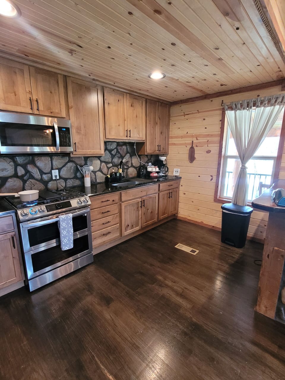 Top of the line appliances, coffee maker, electric kettle, blender, toaster.