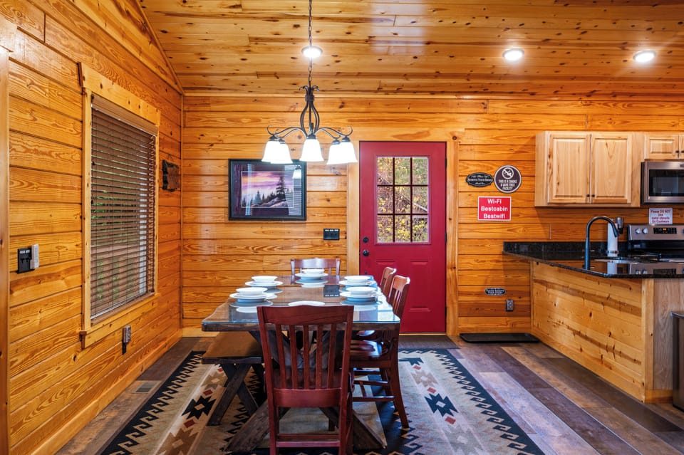 Gather around the rustic dining table with seating for 6 to share meals
