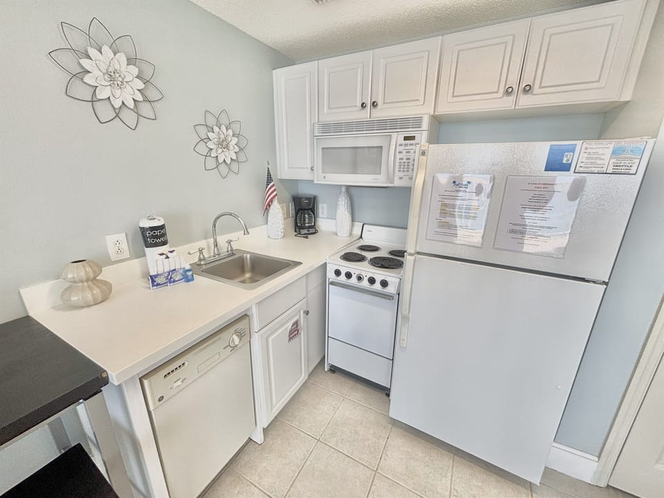 Kitchen equipped with a microwave, stove, fridge, and dishwasher!