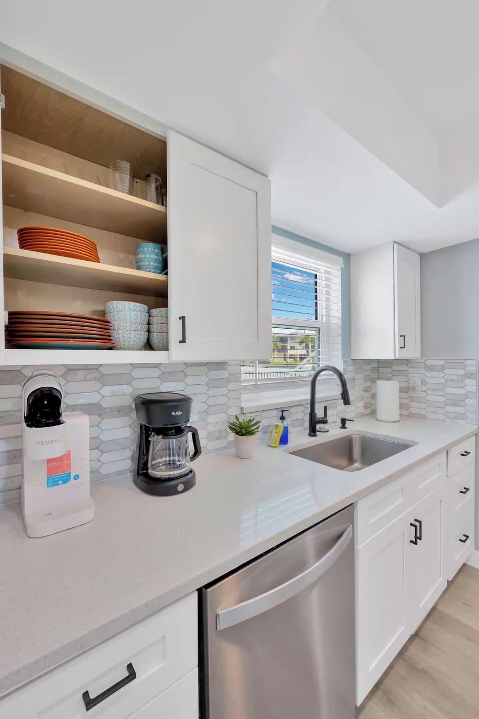 The kitchen overlooks the tranquil canal.