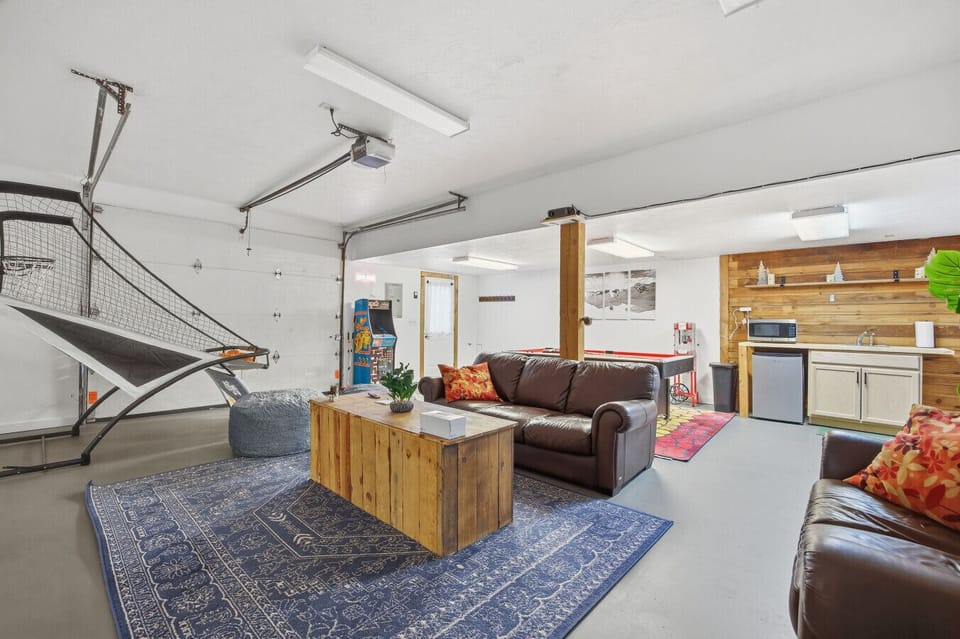 Spacious game room with foosball and hangout space.