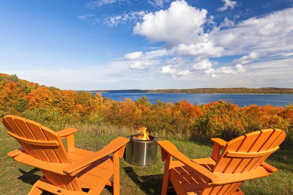 Fall colors with a warm bonfire.