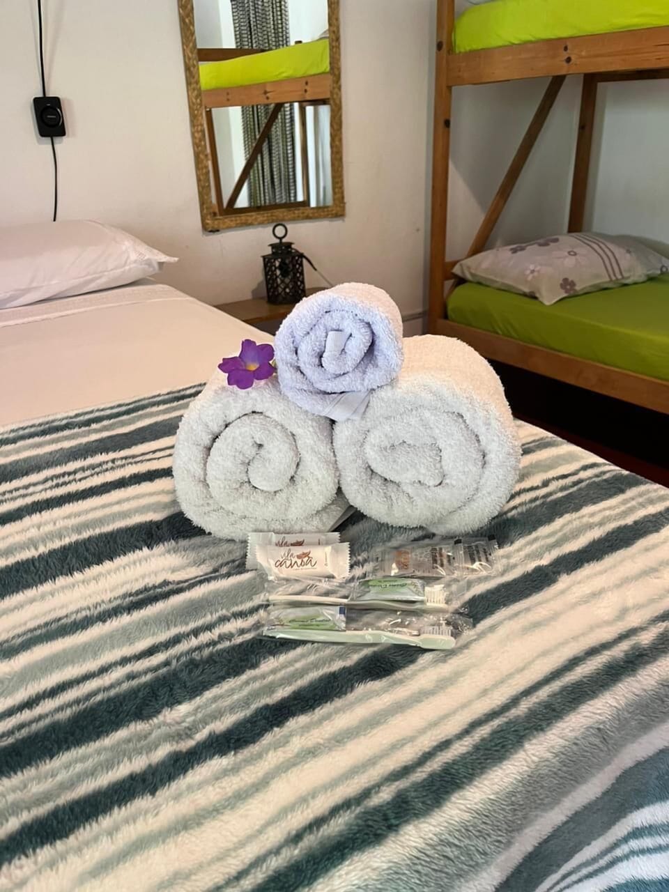 Comfort Quadruple Room, Garden View | Bathroom amenities | Shower, towels, soap, shampoo