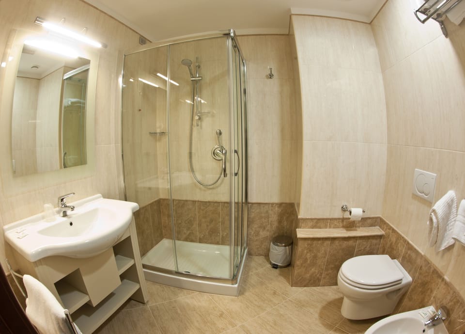 Shower, free toiletries, hair dryer, towels