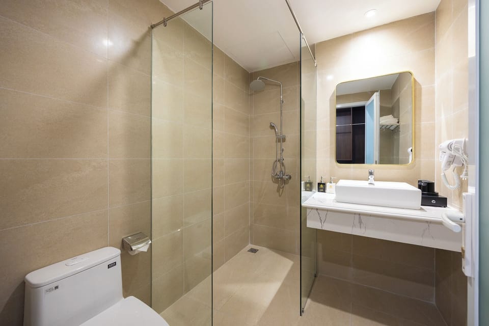 Shower, hair dryer, slippers, bidet