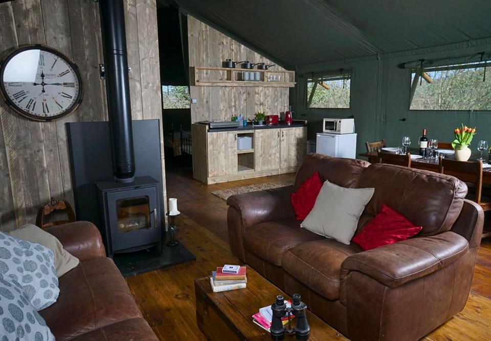 Buzzard, open-plan area with a wood log burner