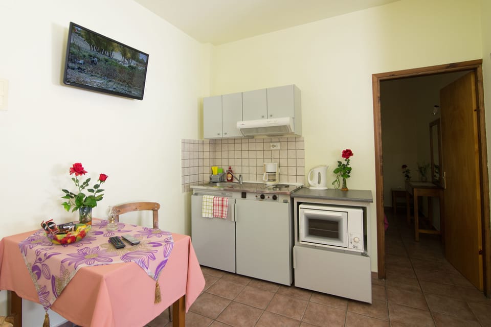 Fridge, oven, stovetop, coffee/tea maker
