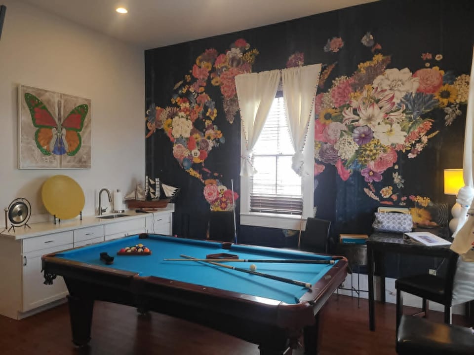 Living Room/Game Room- Pool table, wallpaper mural, karaoke, record player