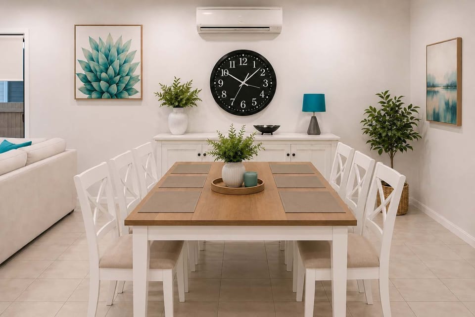 Enjoy meals together in this stylish coastal-inspired dining space