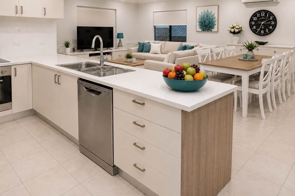 Open plan Kitchen, Dining & Living