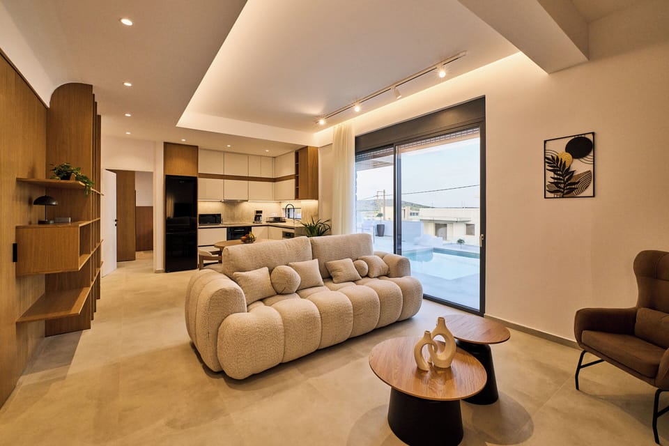Family Villa, 2 Bedrooms, Private Pool, Sea View | Living area | 55-inch Smart TV with satellite channels