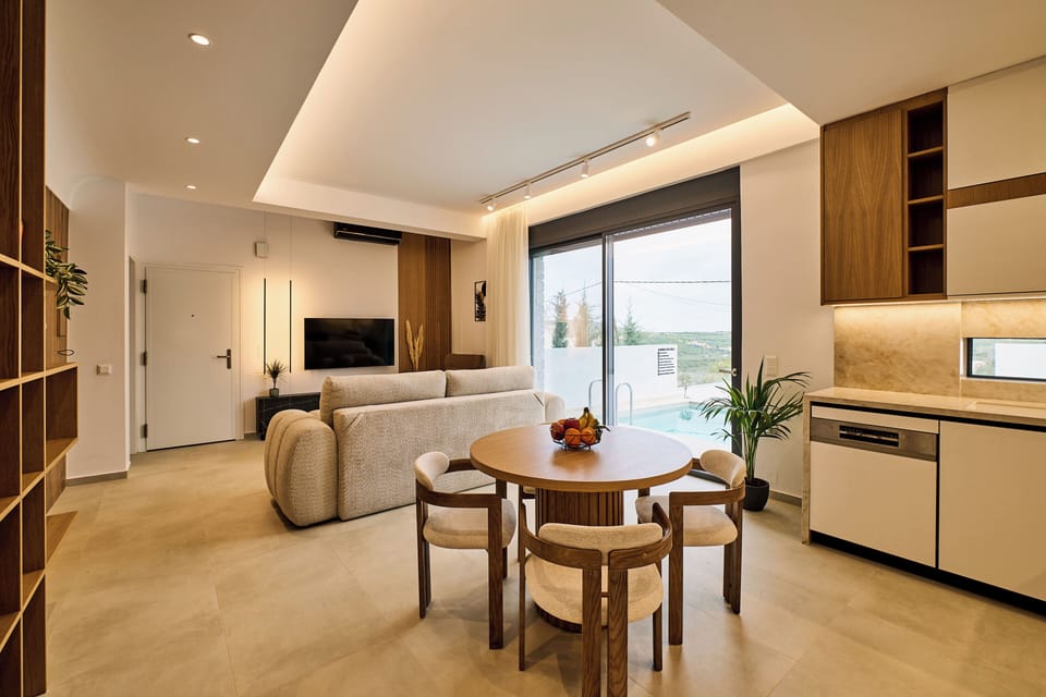 Family Villa, 2 Bedrooms, Private Pool, Sea View | Living room | 55-inch Smart TV with satellite channels
