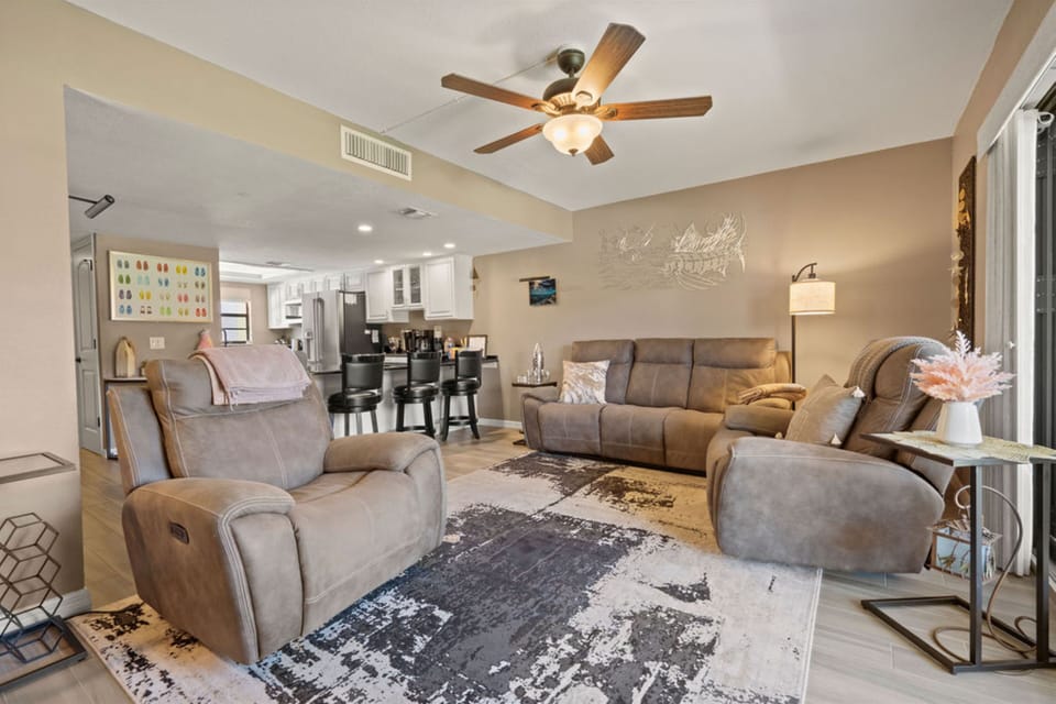 Kitchen seamlessly blends into living room creating an open layout