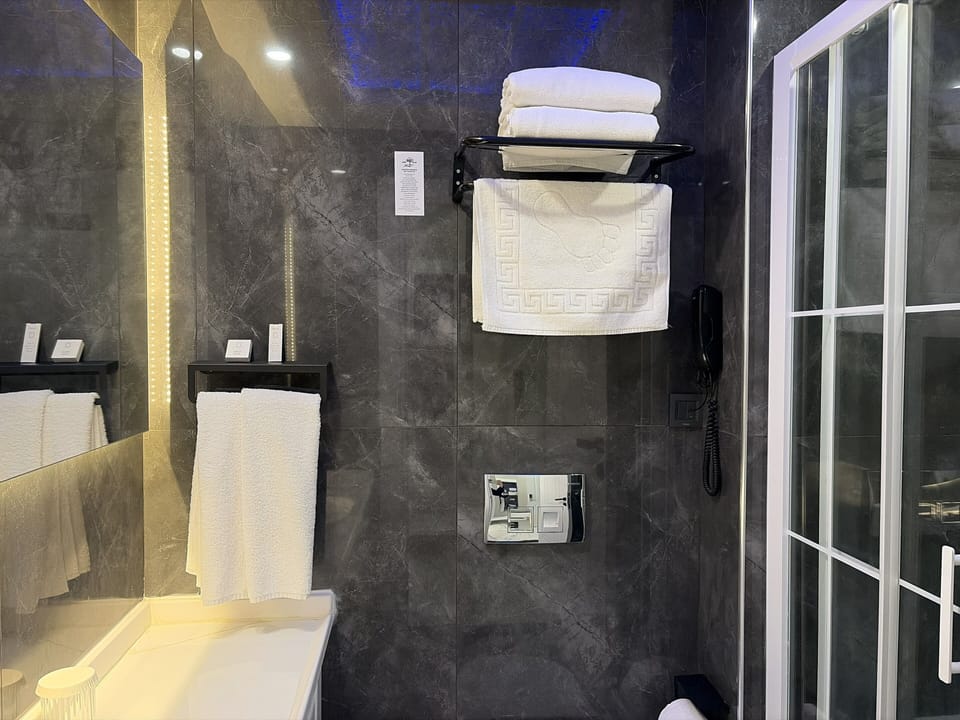 Shower, hair dryer, bathrobes, slippers
