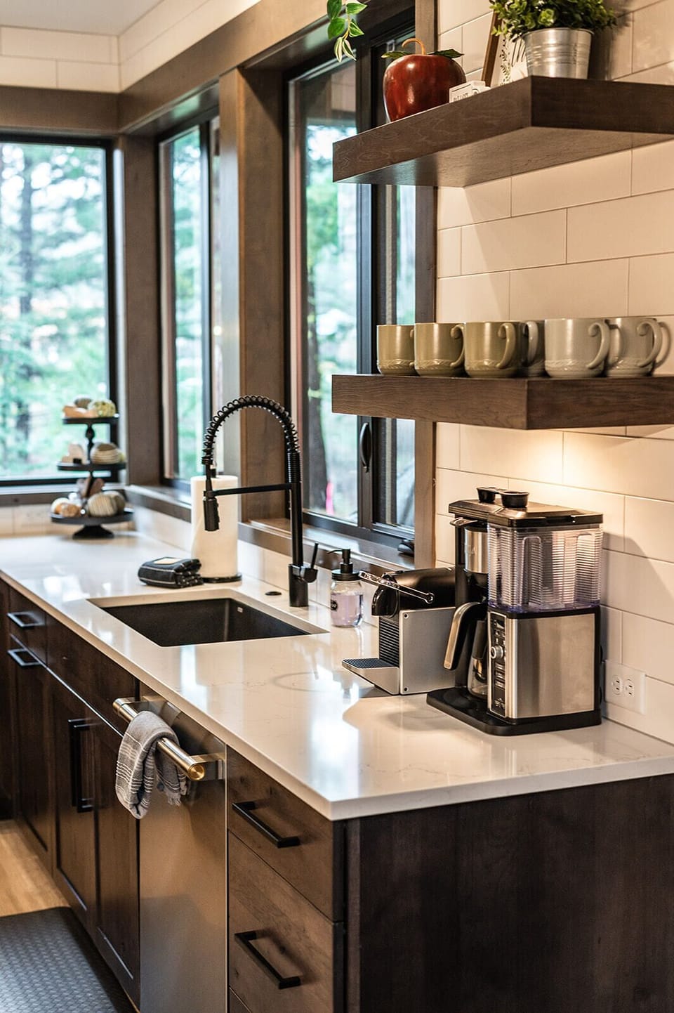 Morning coffee hits different with forest views and a fully stocked brew station.