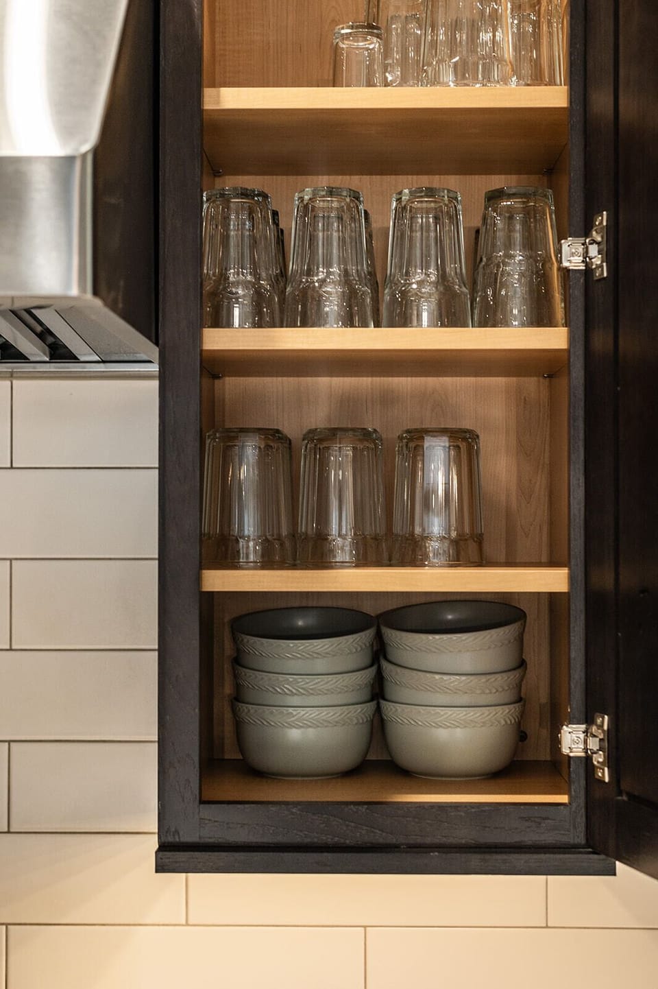 Shelving stocked and ready — everything within easy reach.