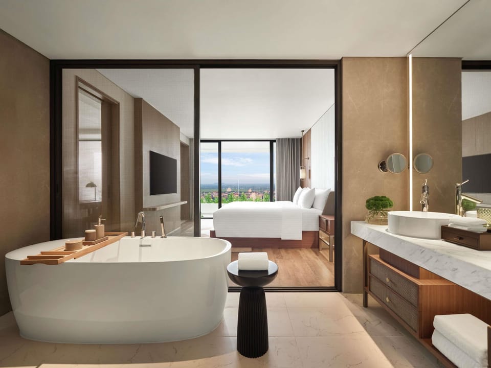 Rainfall showerhead, hair dryer, bathrobes, slippers