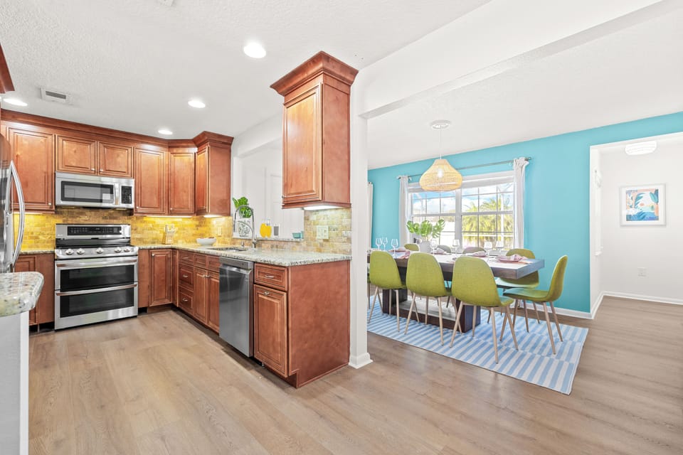 Fully stocked kitchen and dining space that comfortably seats your group