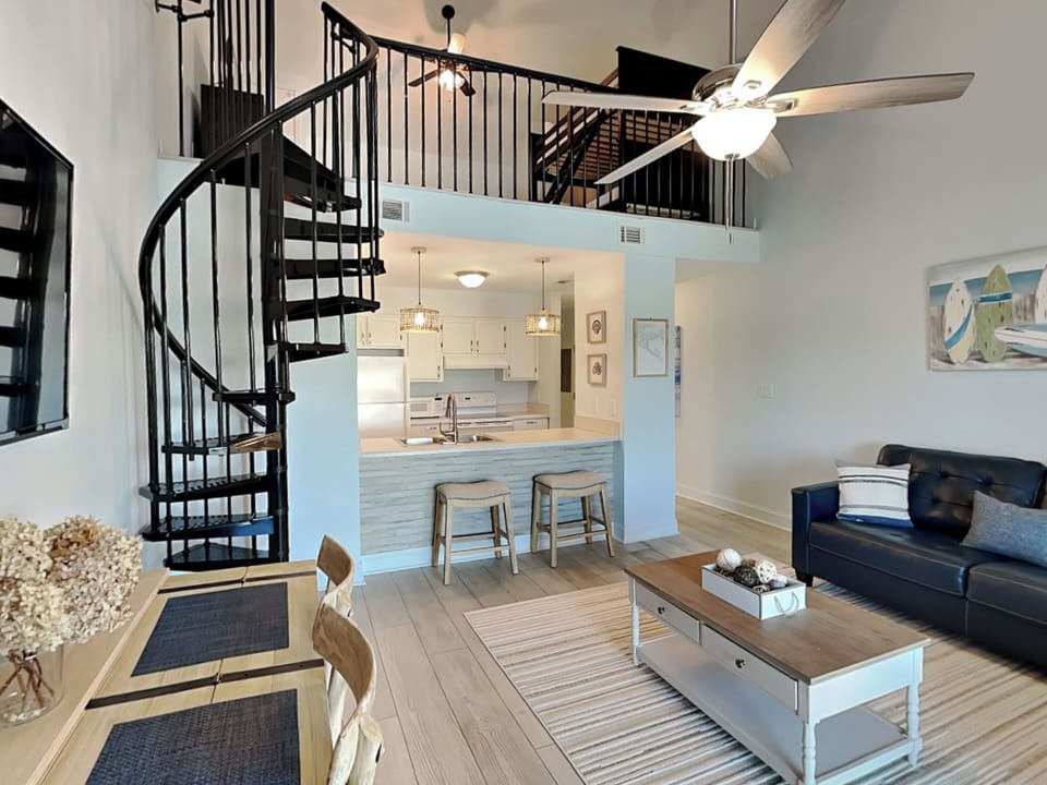 Living Area - Spiral Staircase to Loft