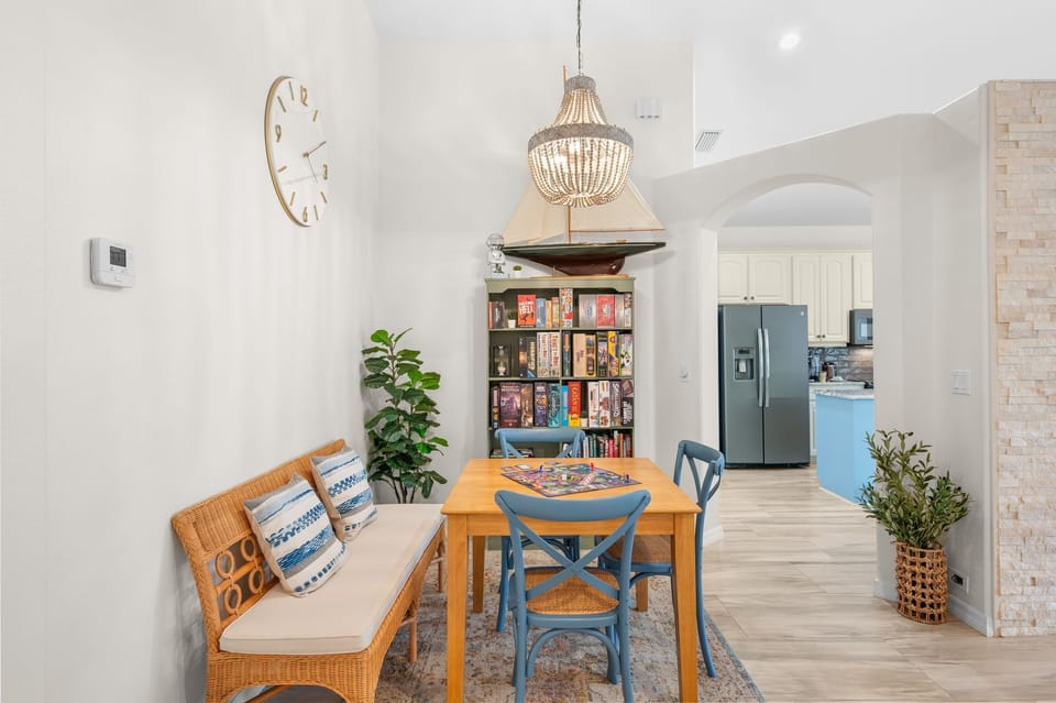 The wooden table with seating for four is ideal for games