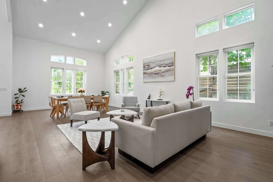 Living Room | Stone Fireplace & Plush Seating
