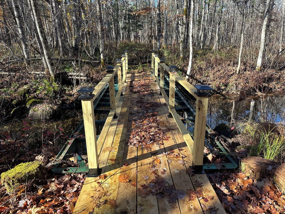 Bridge over babbling brook that runs to the river.  